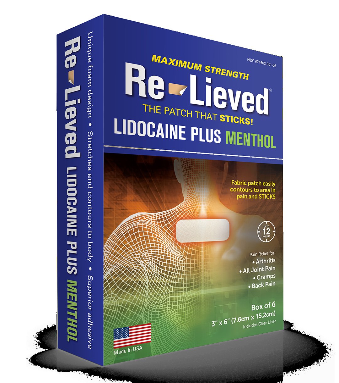 Re-Lieved — Re-Lieved 4% Lidocaine & 1% Menthol Pain Relief Patches — Maximum Strength, Aluminum-Free, Made in USA, 20 PCS